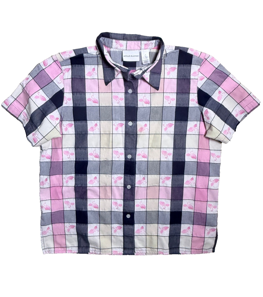 Alfred Dunner Top 16 Button Up Shirt Blouse Strawberry Check Plaid Short Sleeve